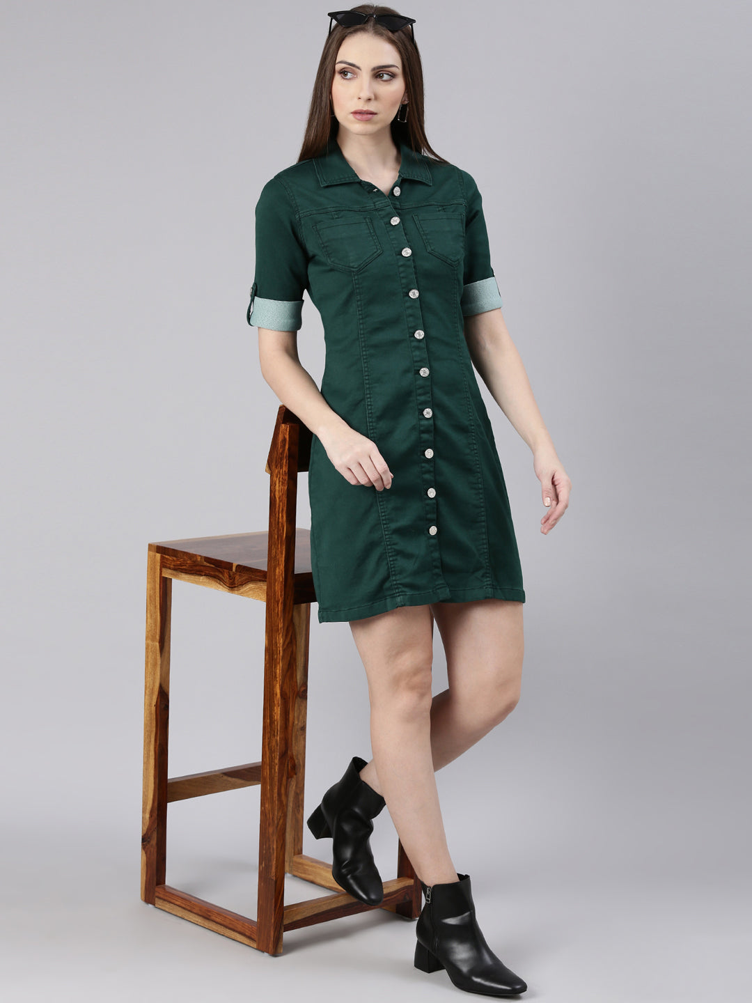 Women Green Solid Shirt Dress