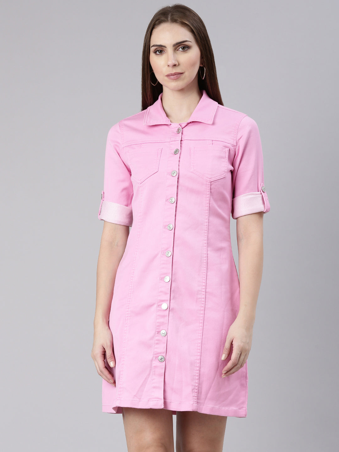 Women Pink Solid Shirt Dress