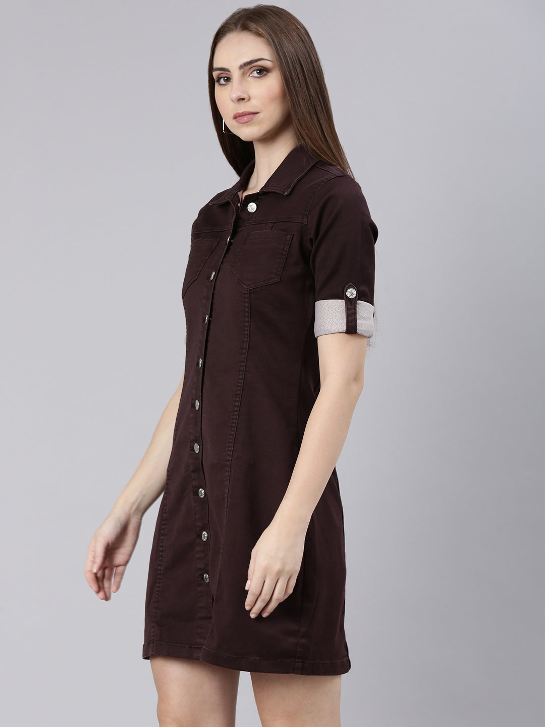 Women Violet Solid Shirt Dress