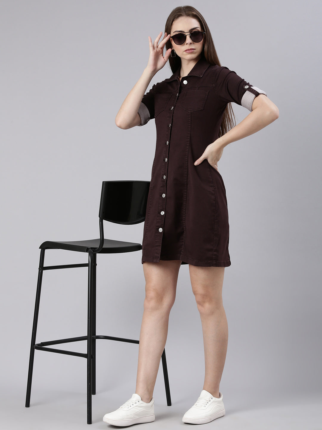 Women Violet Solid Shirt Dress