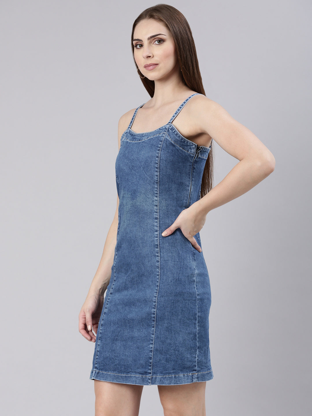 Women Blue Solid Pinafore Dress