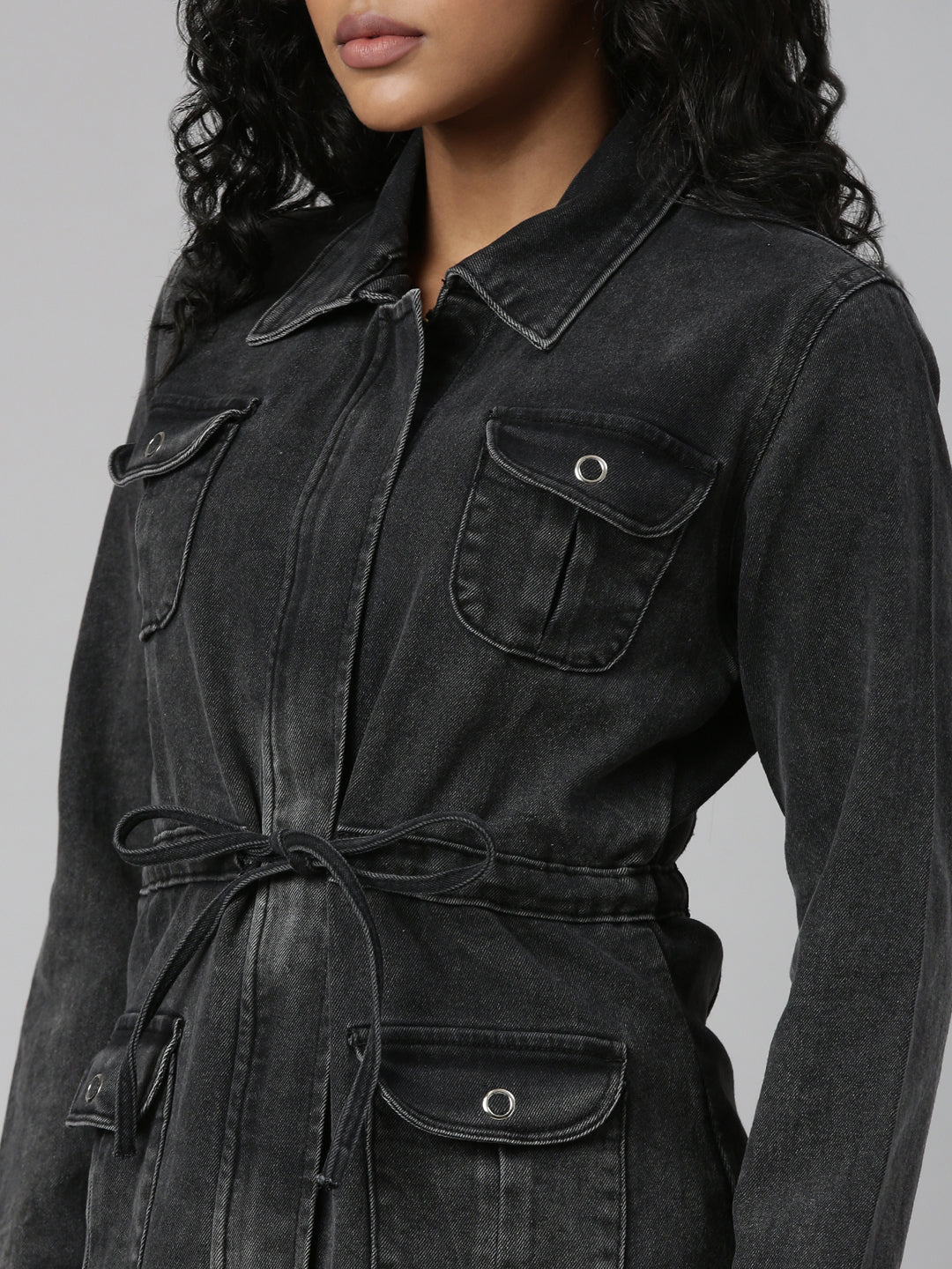 Women's Grey Spread Collar Denim Jacket