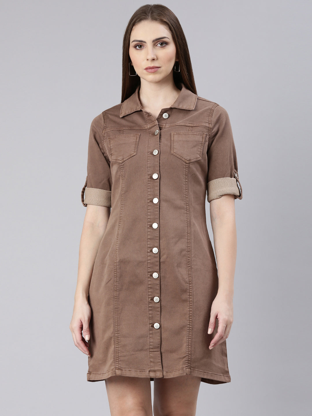 Women Brown Solid Shirt Dress