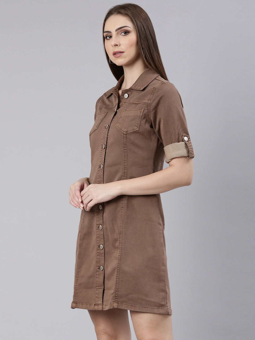 Women Brown Solid Shirt Dress