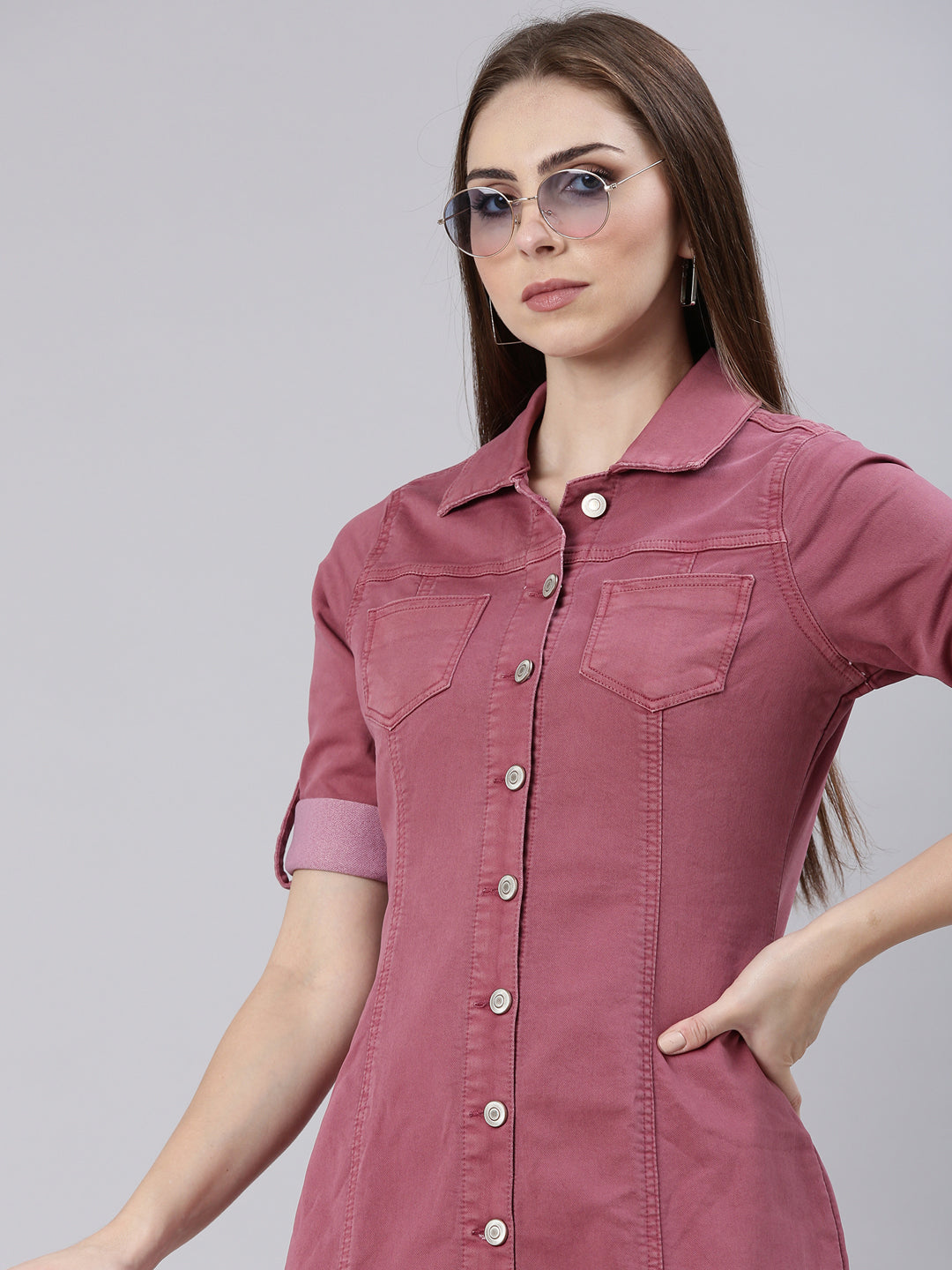 Women Mauve Solid Shirt Dress