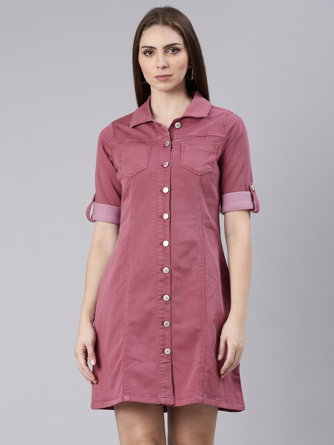 Women Mauve Solid Shirt Dress