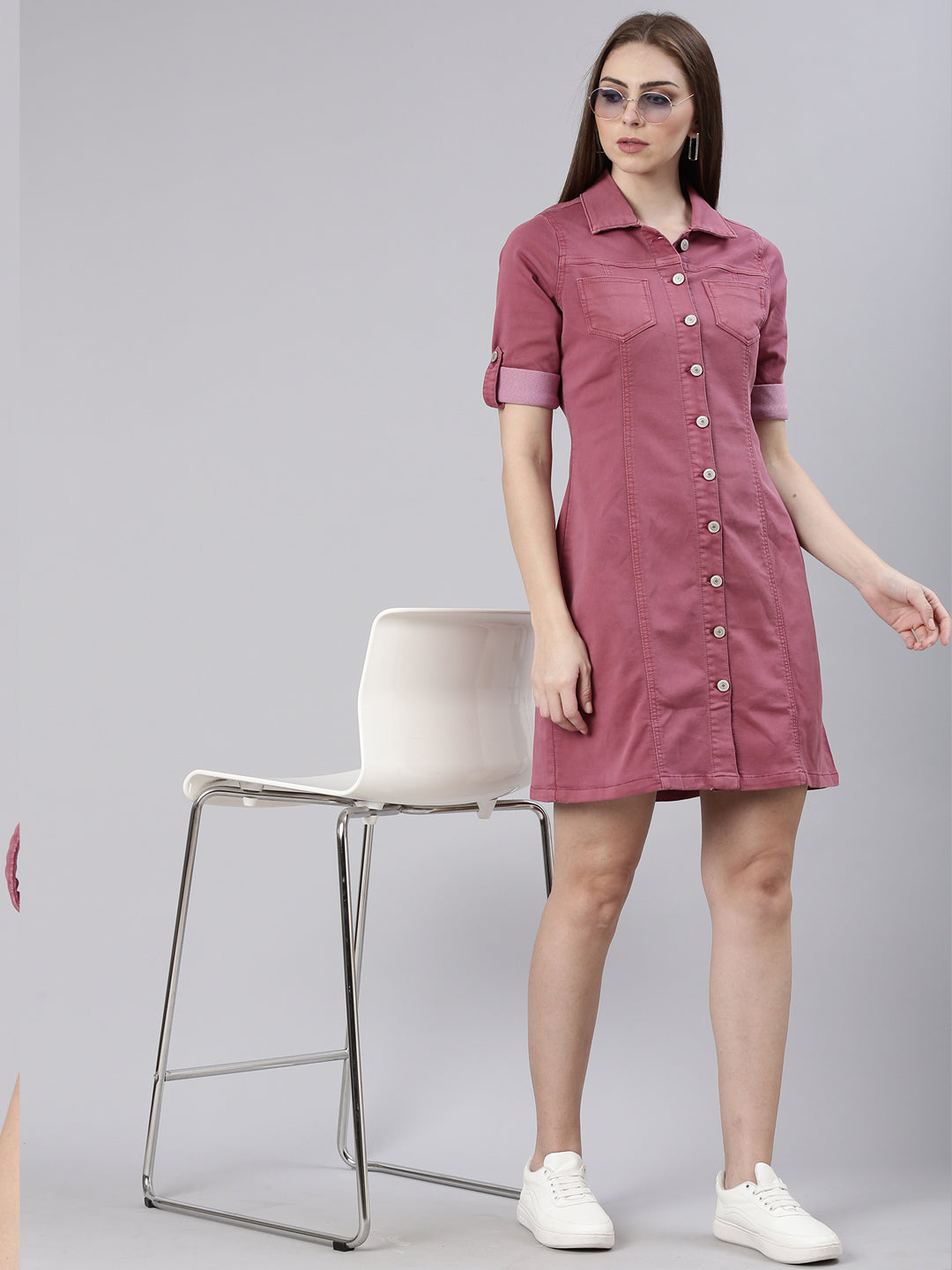 Women Mauve Solid Shirt Dress