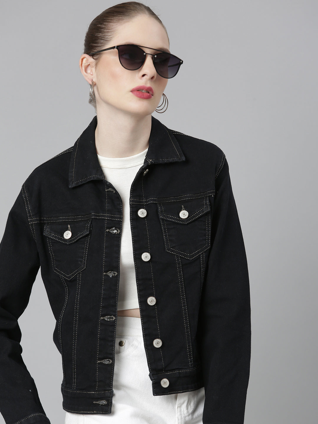 Women Charcoal Solid Denim Jacket