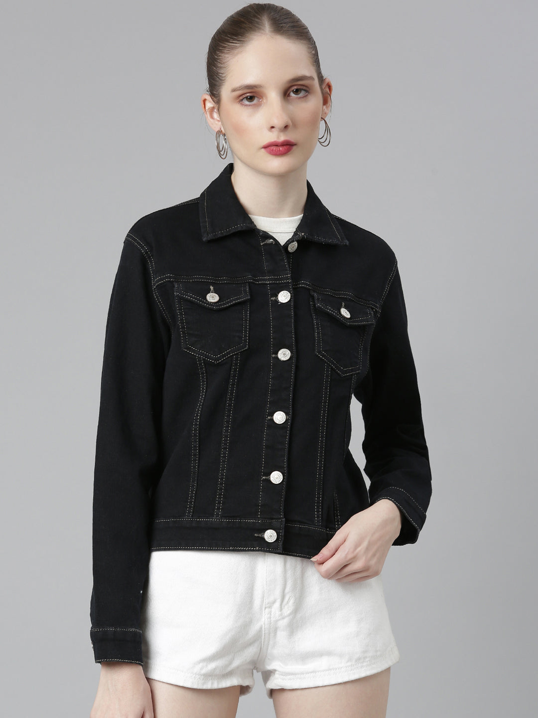 Women Charcoal Solid Denim Jacket