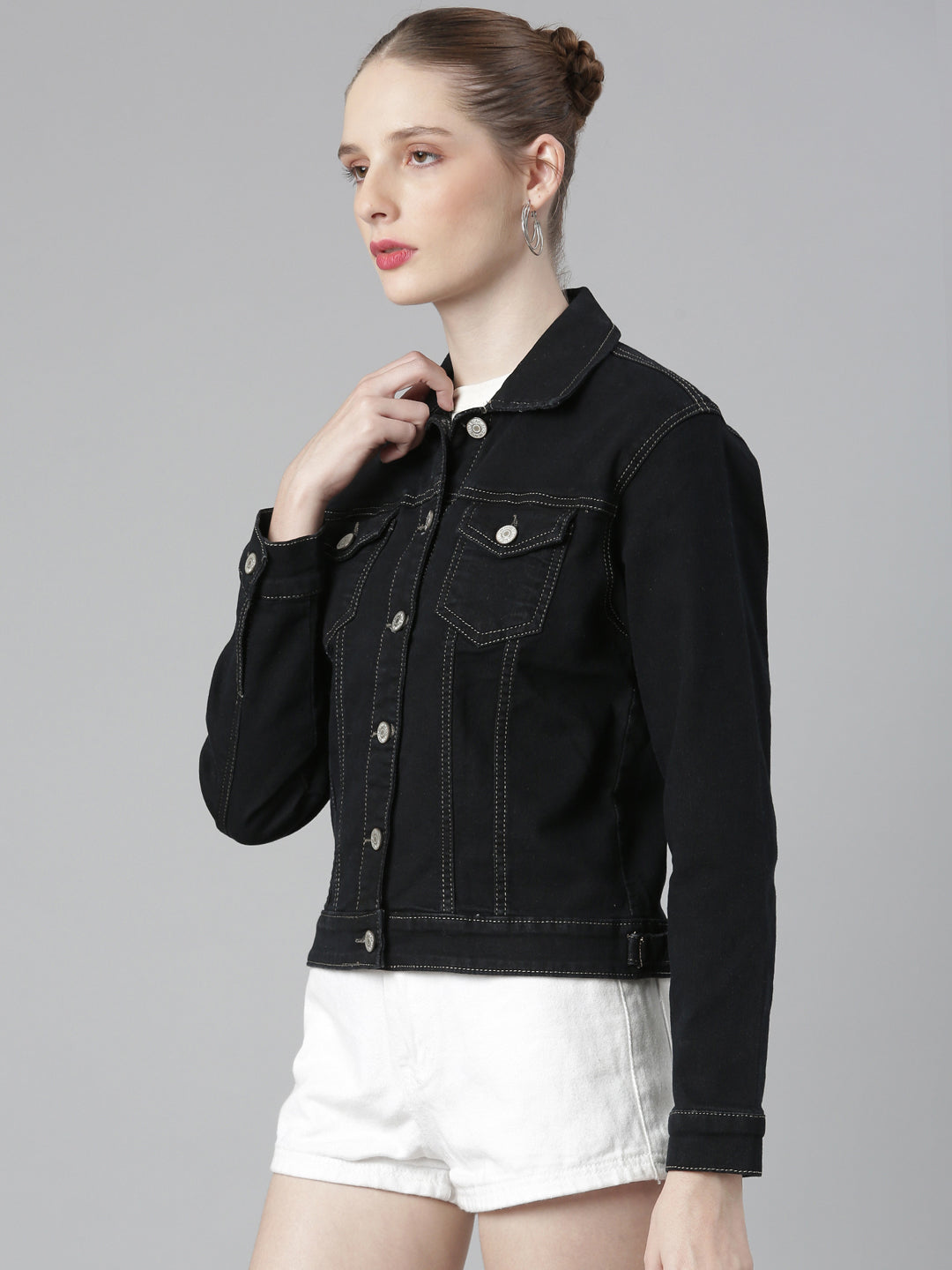 Women Charcoal Solid Denim Jacket