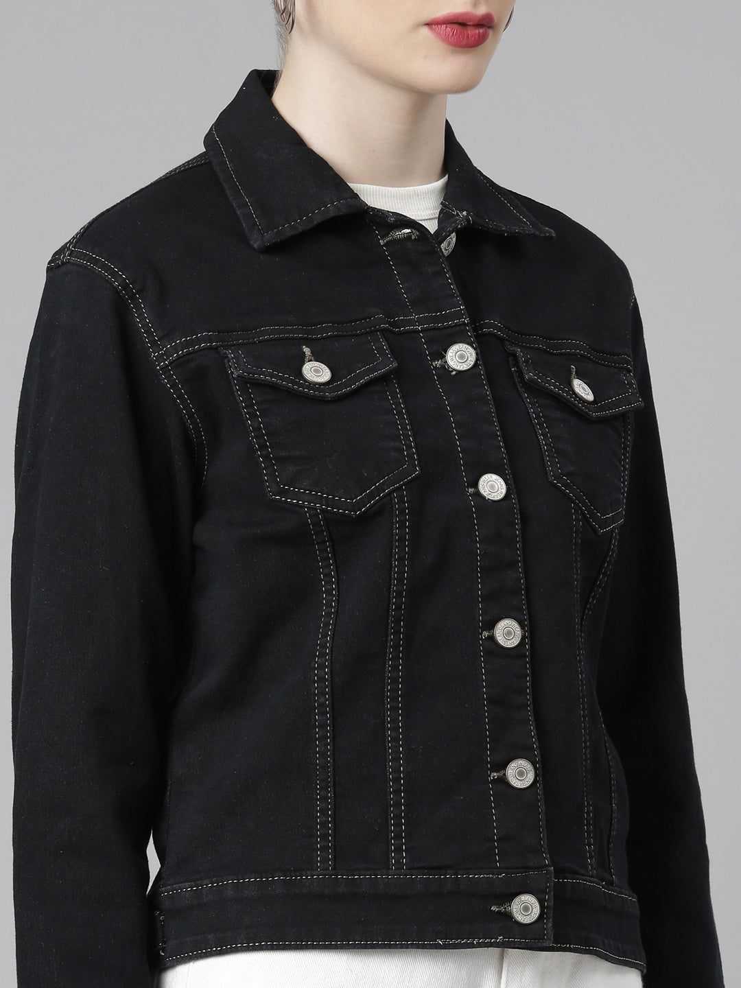 Women Charcoal Solid Denim Jacket