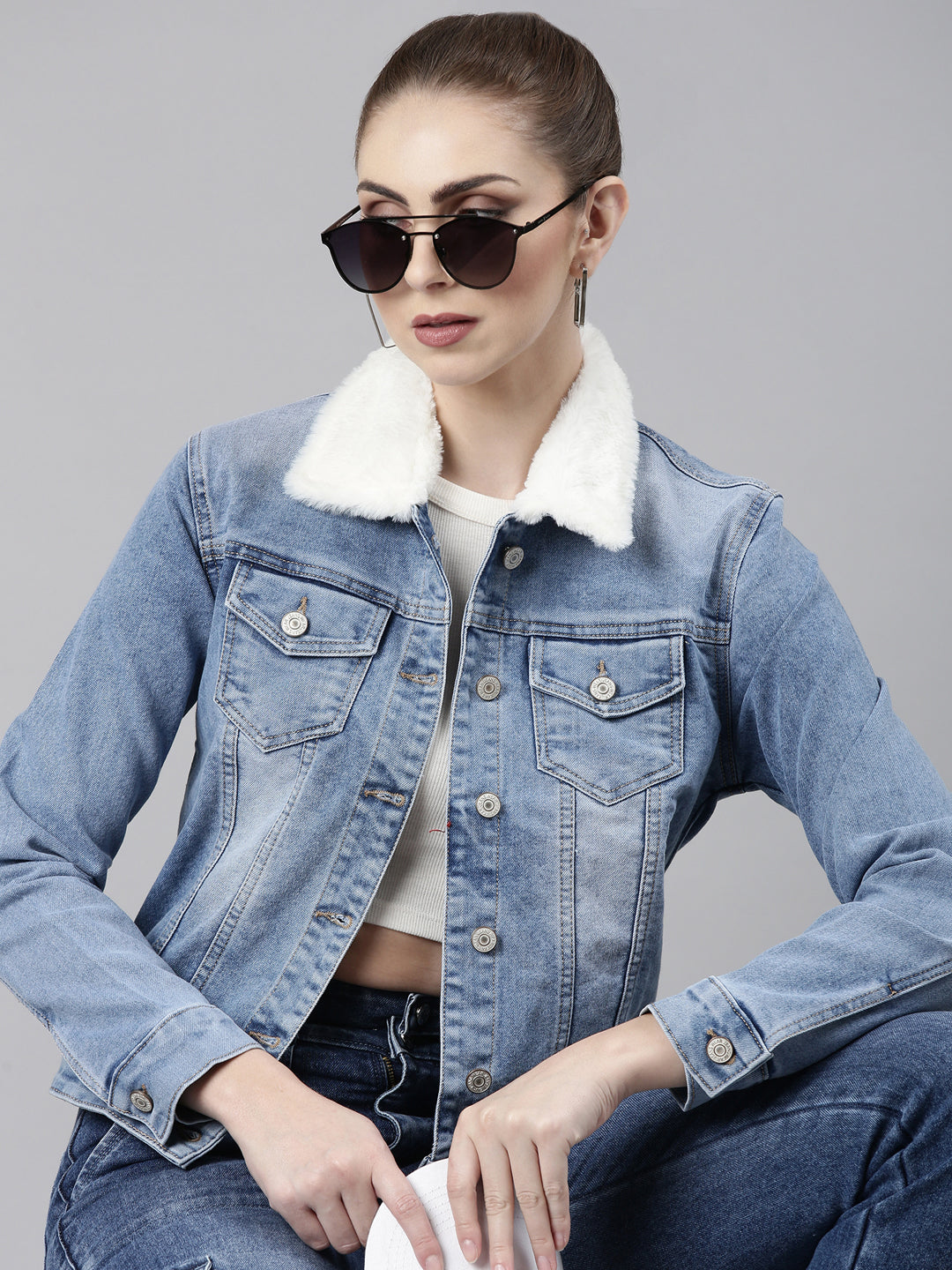 Women Blue Solid Denim Jacket