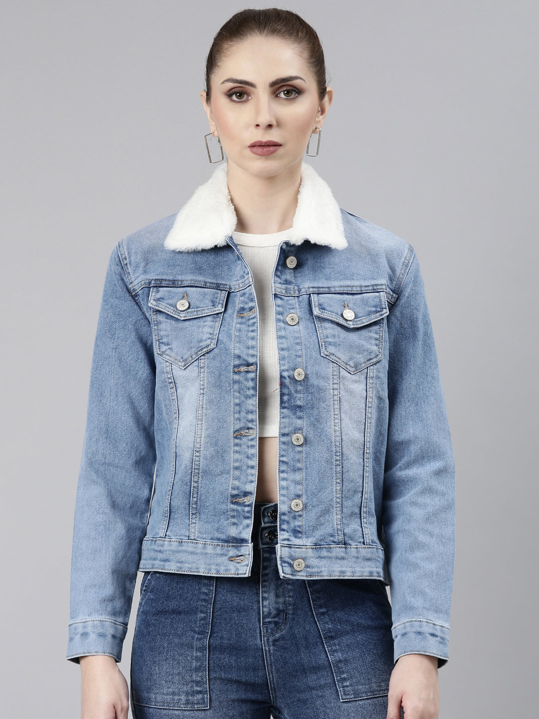 Women Blue Solid Denim Jacket