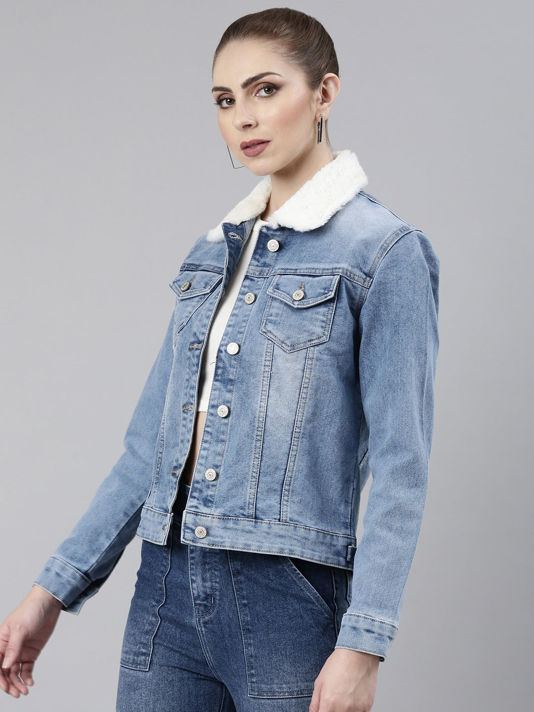 Women Blue Solid Denim Jacket