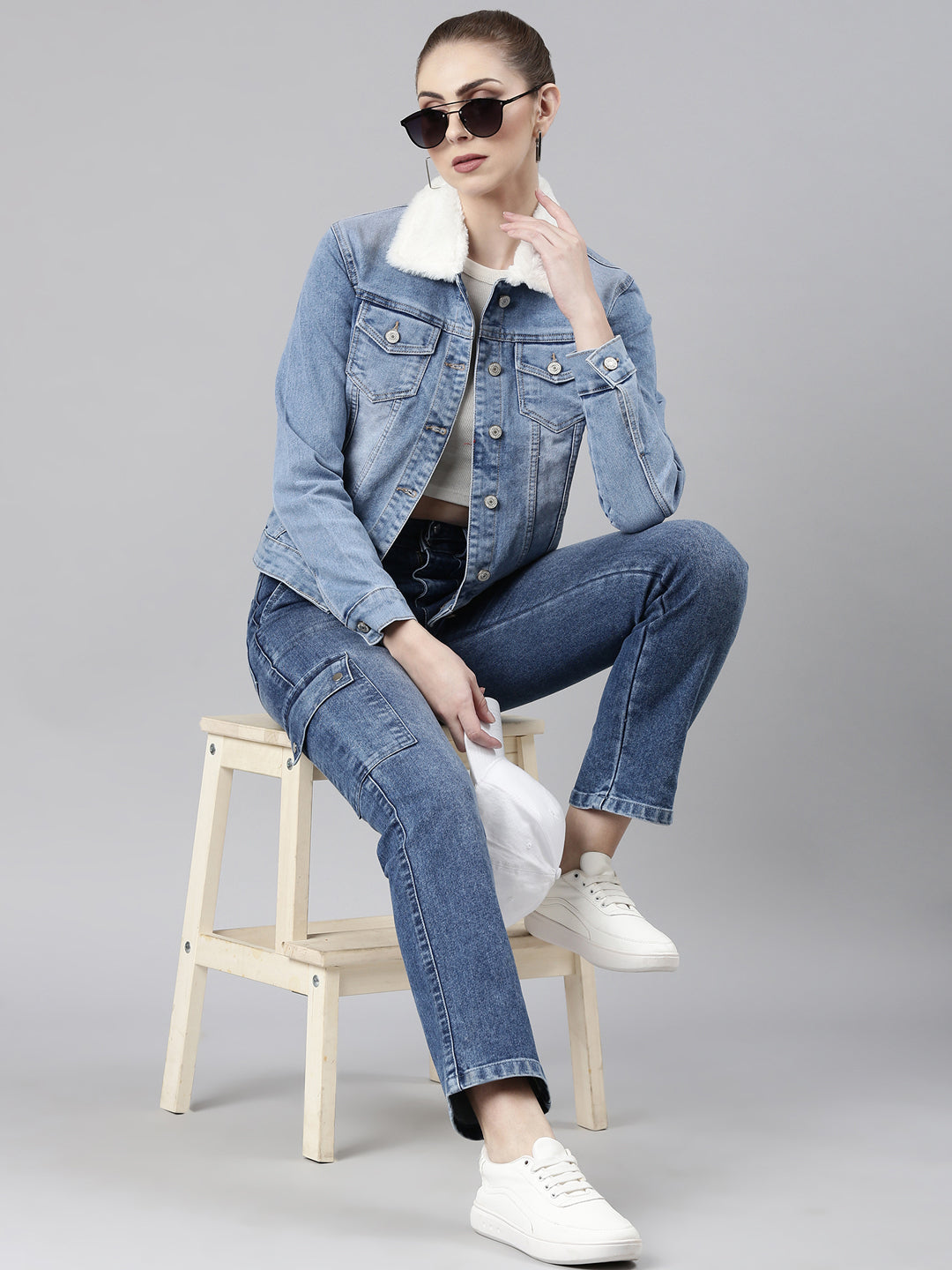 Women Blue Solid Denim Jacket