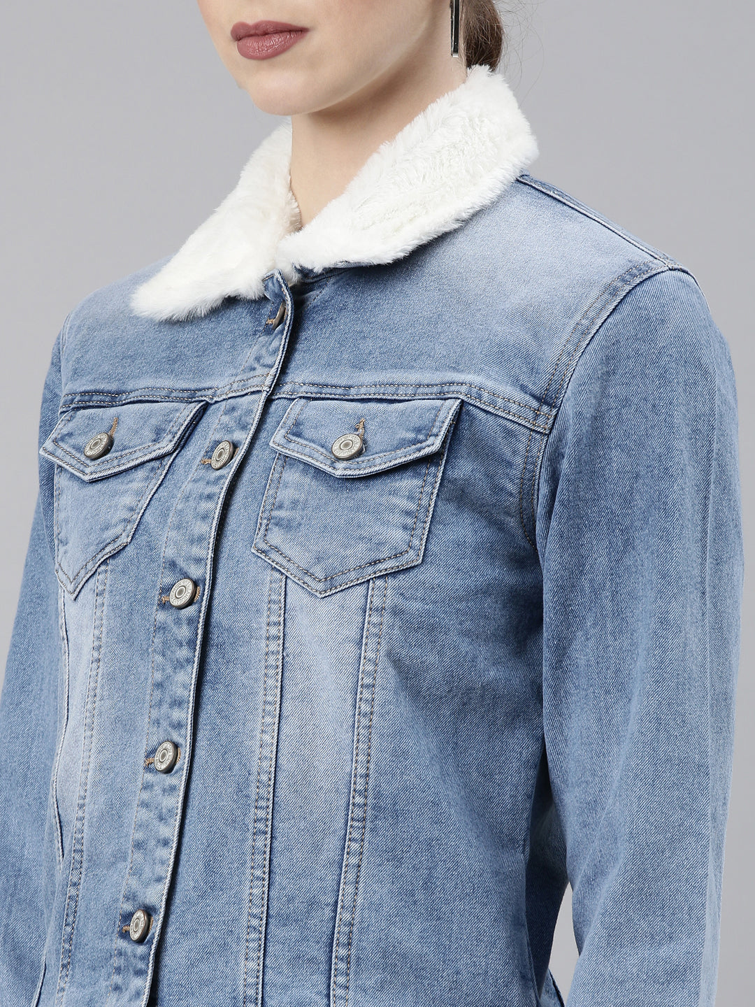 Women Blue Solid Denim Jacket