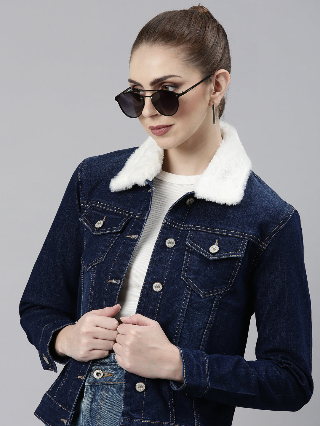 Women Navy Blue Solid Denim Jacket