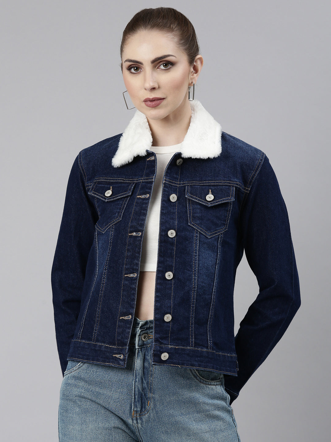 Women Navy Blue Solid Denim Jacket