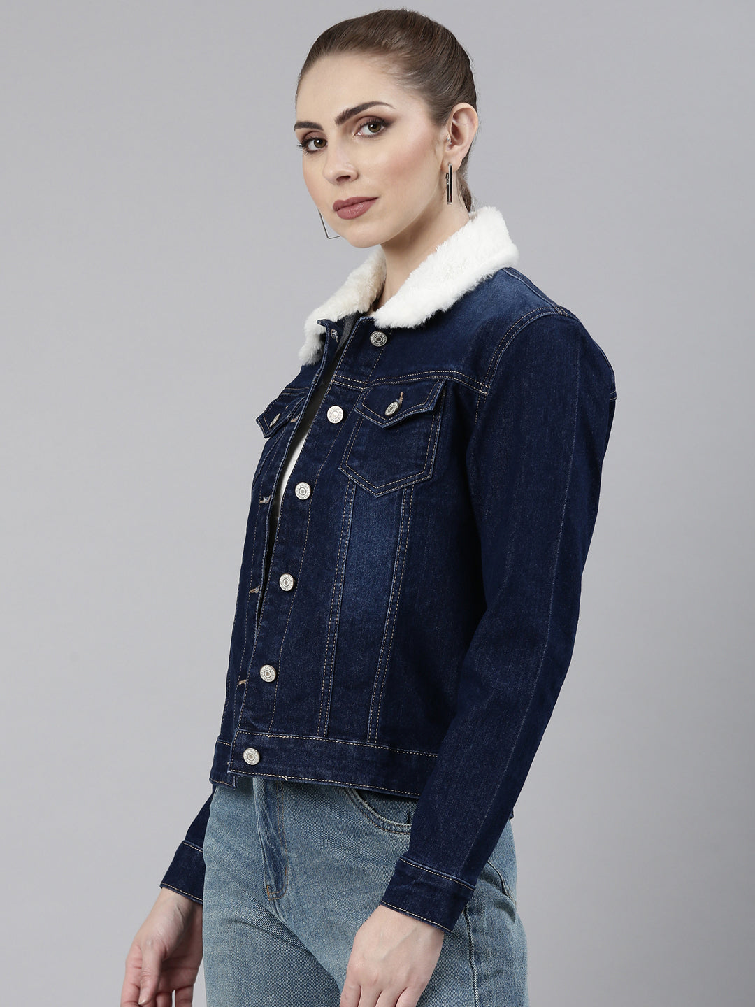 Women's Navy Blue Washed Cotton Denim Jacket