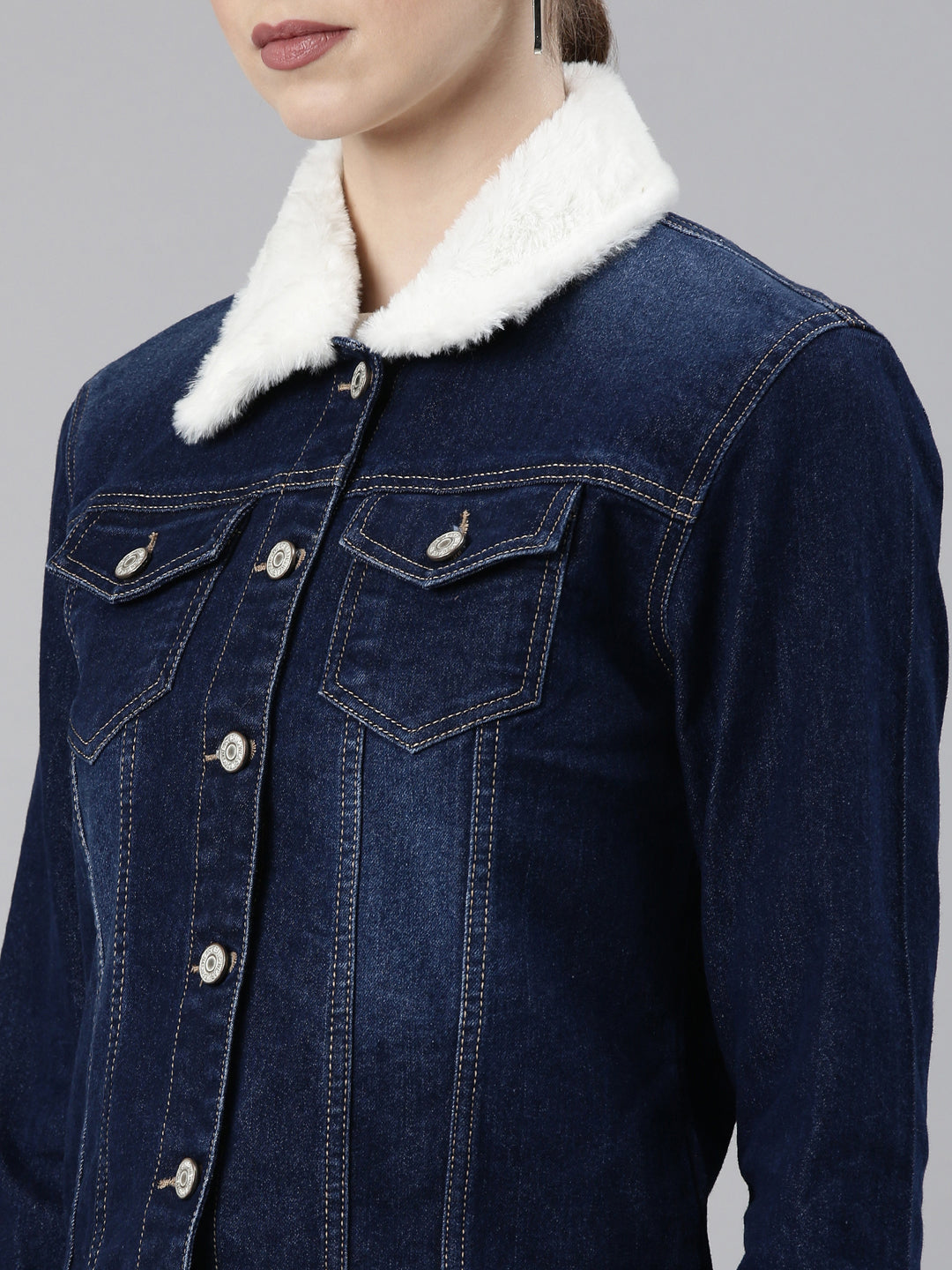 Women's Navy Blue Washed Cotton Denim Jacket