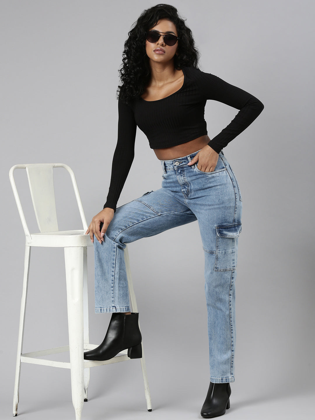 Women Blue Denim Cargo Jeans