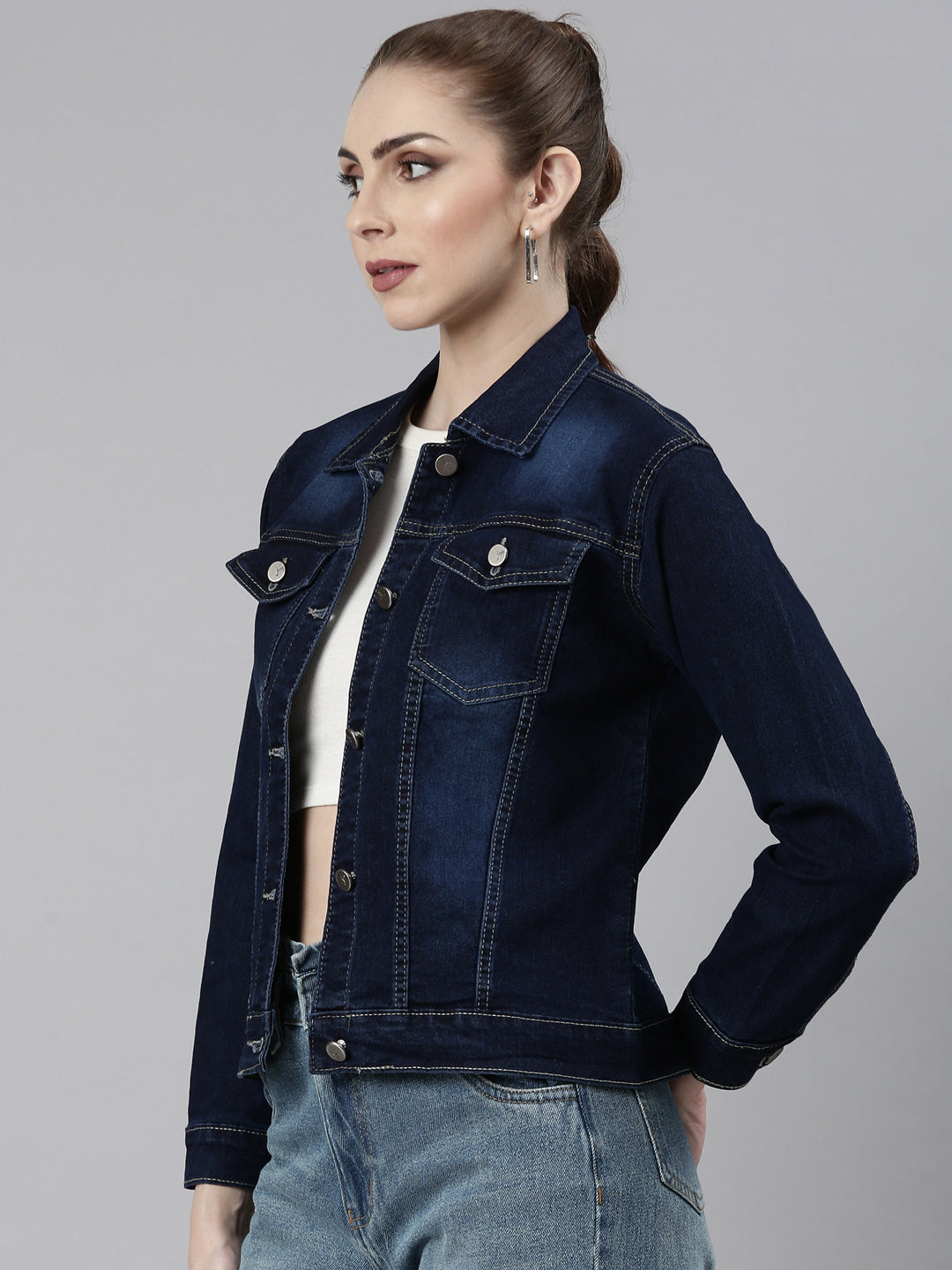 Women's Navy Blue Washed Cotton Denim Jacket
