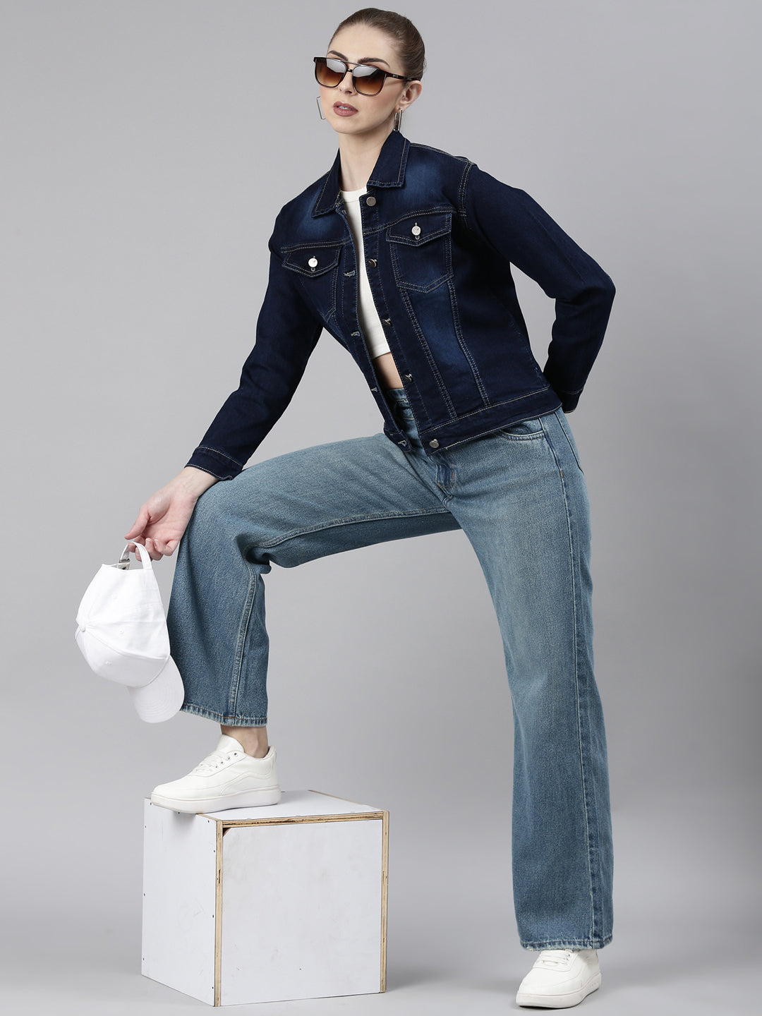 Women's Navy Blue Washed Cotton Denim Jacket