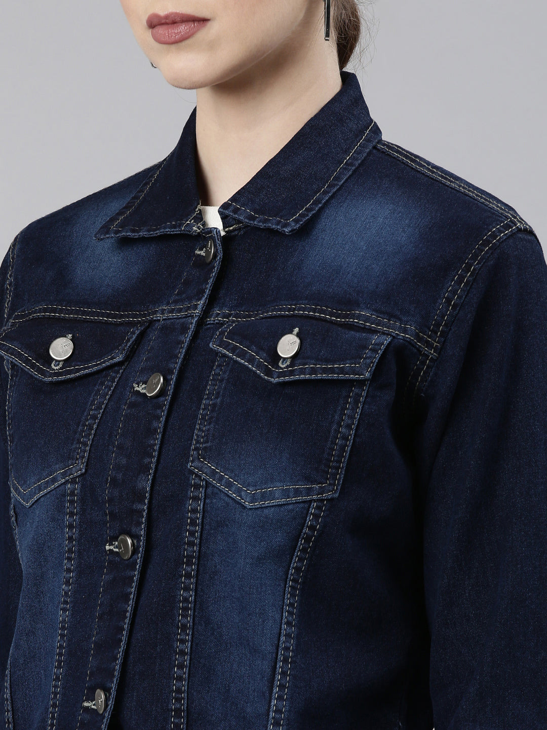 Women's Navy Blue Washed Cotton Denim Jacket