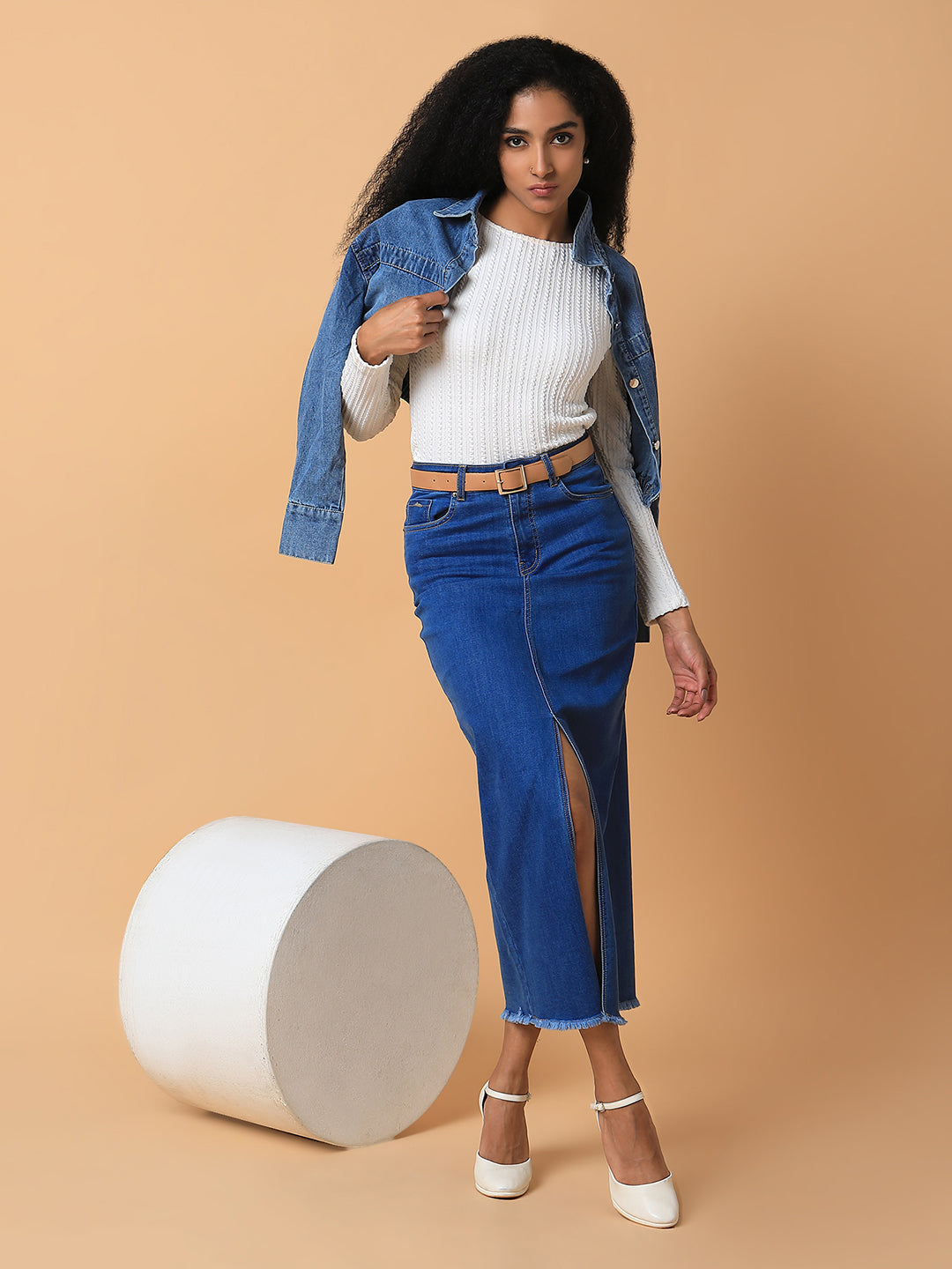 Women Solid Blue Straight Maxi Denim Skirt with Belt