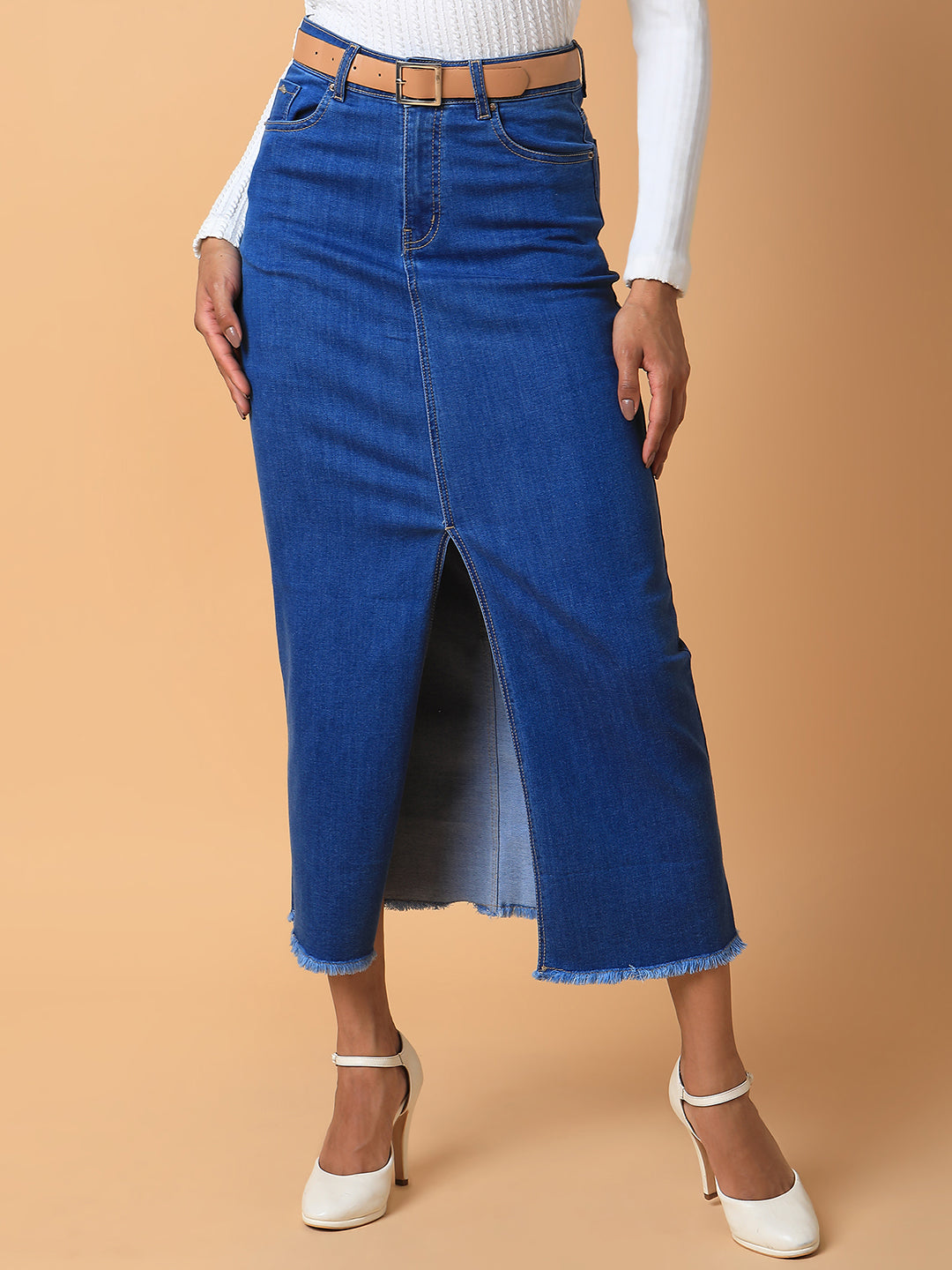 Women Solid Blue Straight Maxi Denim Skirt with Belt