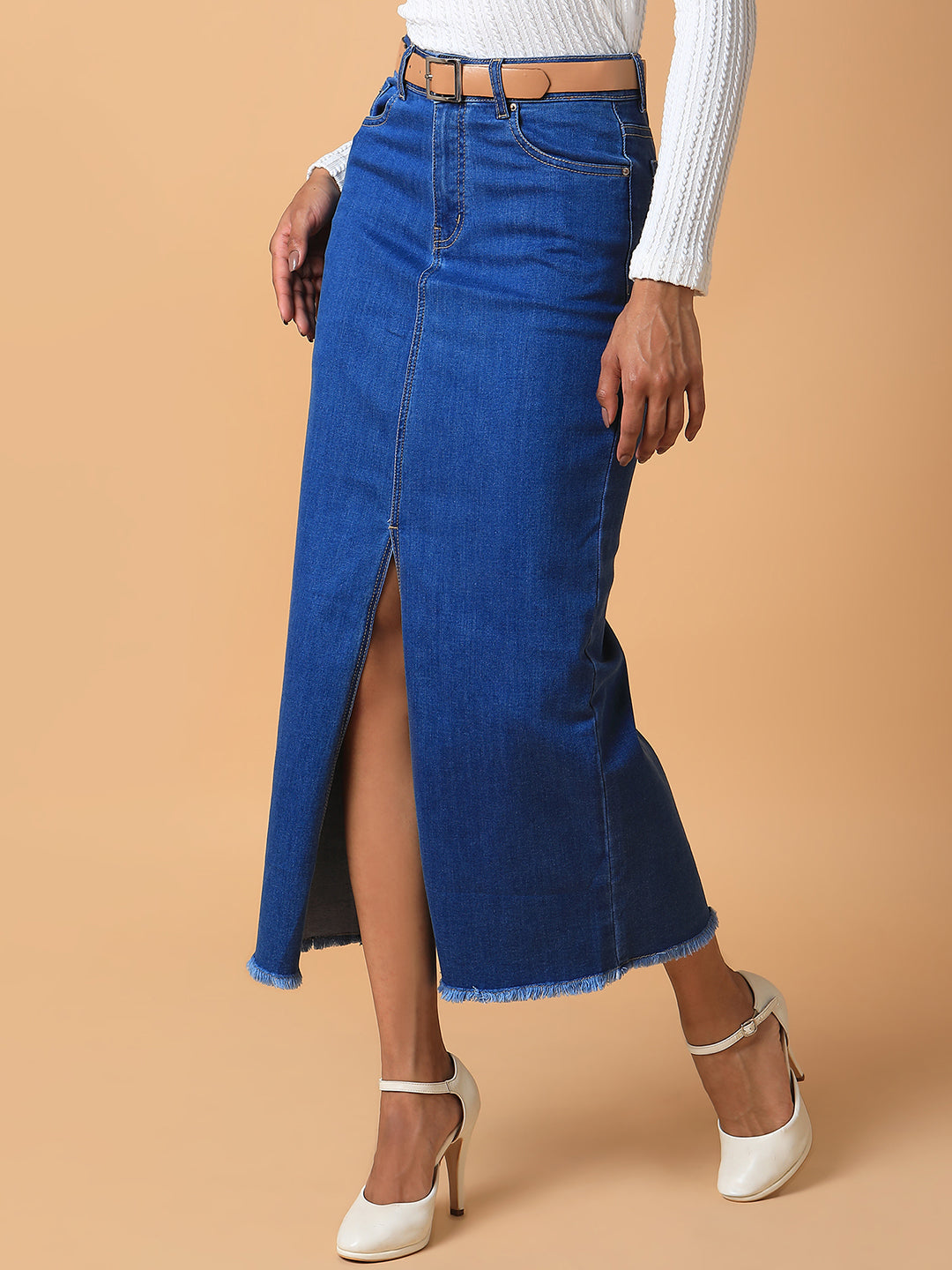 Women Solid Blue Straight Maxi Denim Skirt with Belt