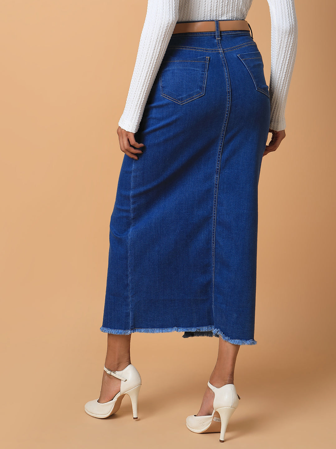 Women Solid Blue Straight Maxi Denim Skirt with Belt