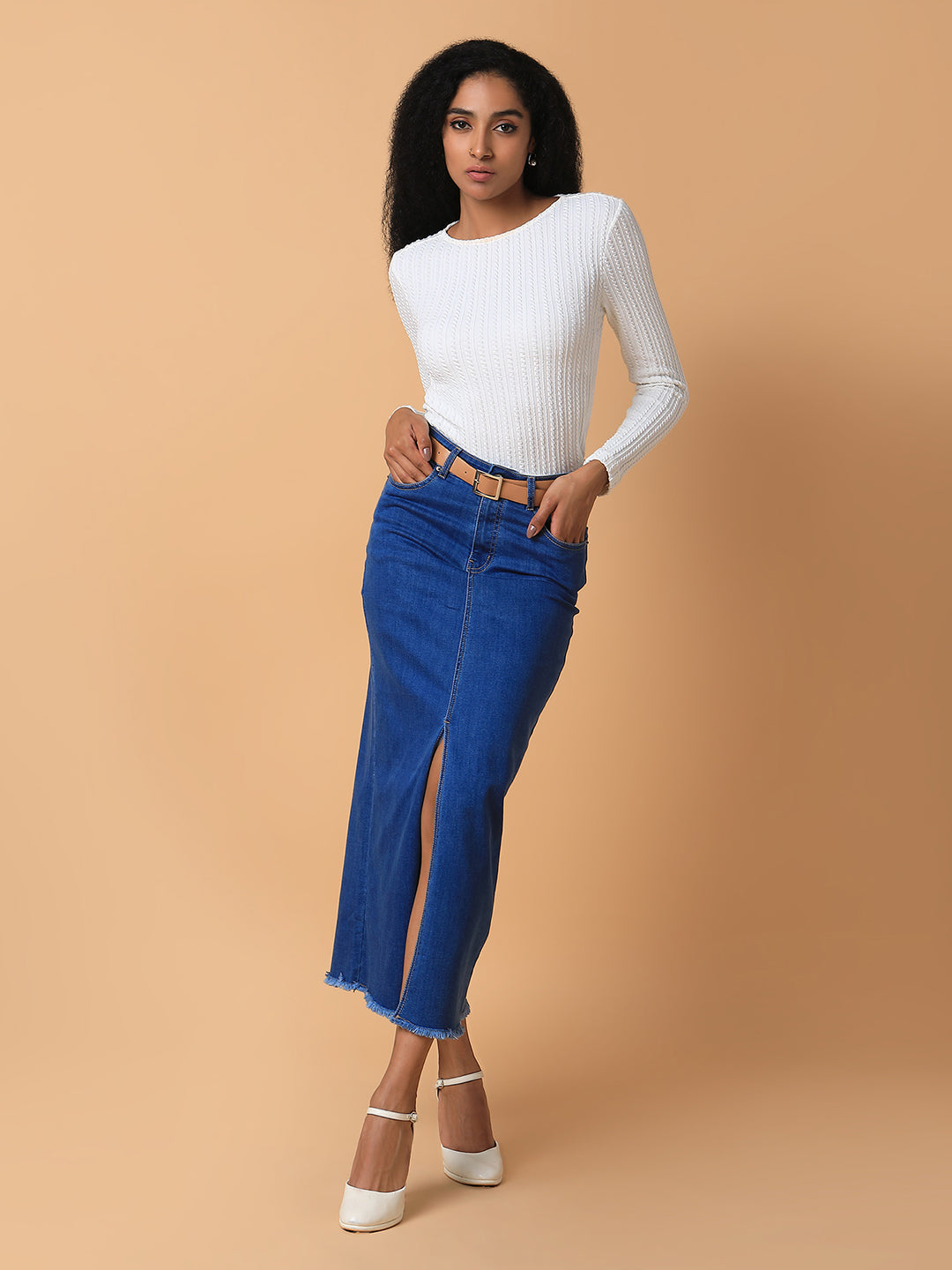 Women Solid Blue Straight Maxi Denim Skirt with Belt