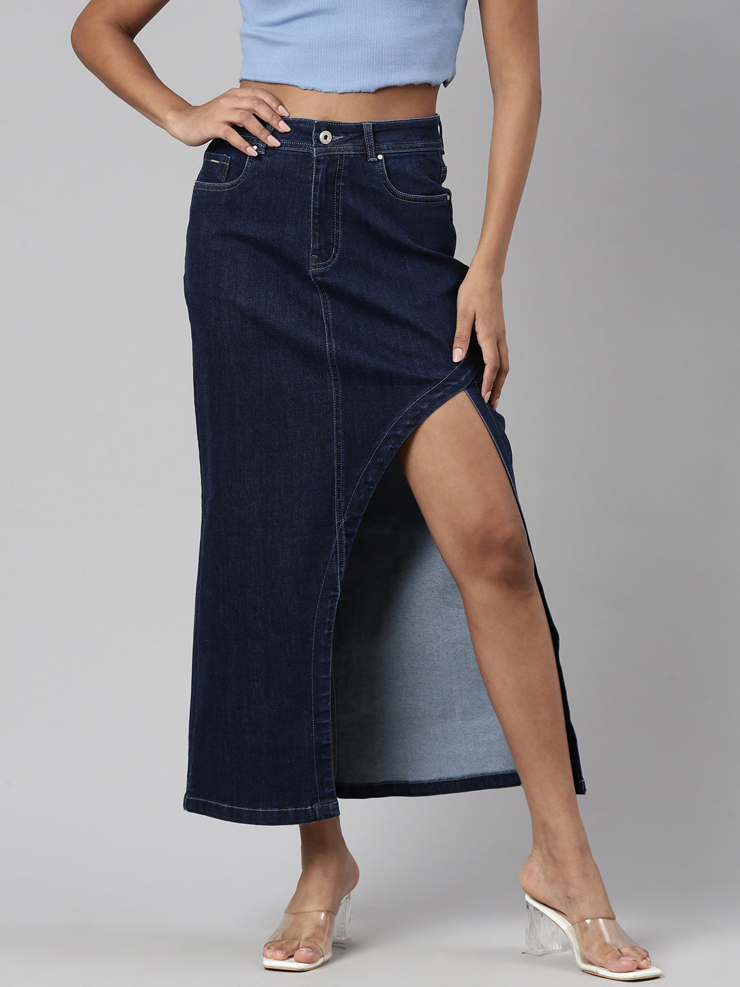 Women Solid Denim A Line Skirt