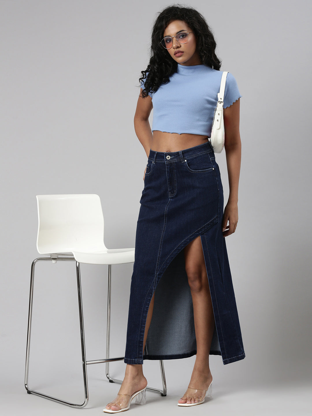 Women Solid Denim A Line Skirt