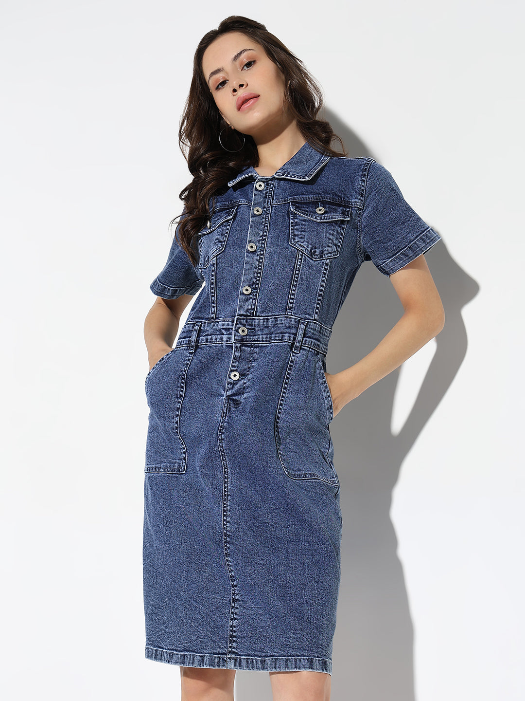 Women Solid Blue Shirt Dress