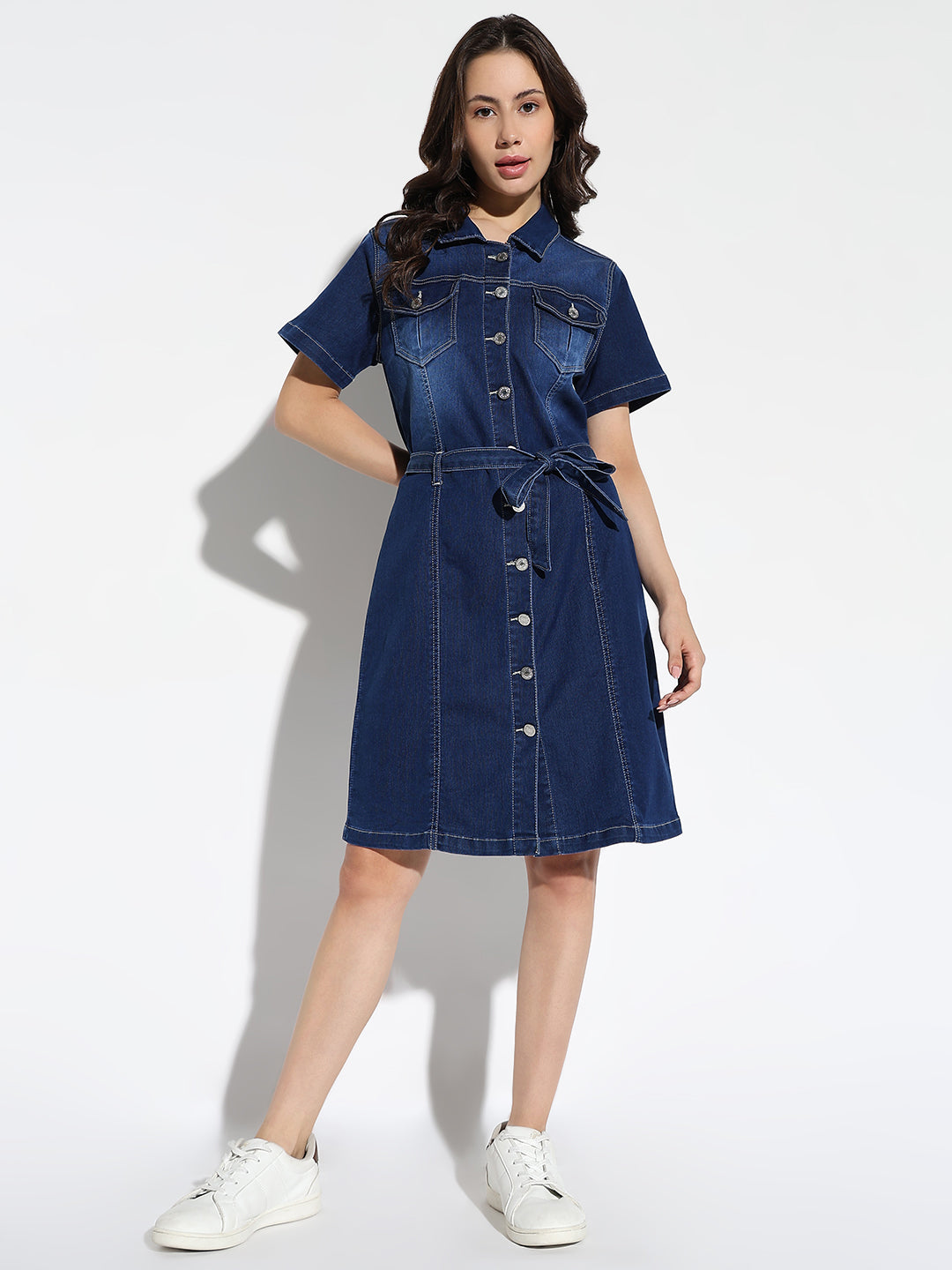 Women Solid Blue Shirt Dress with Belt