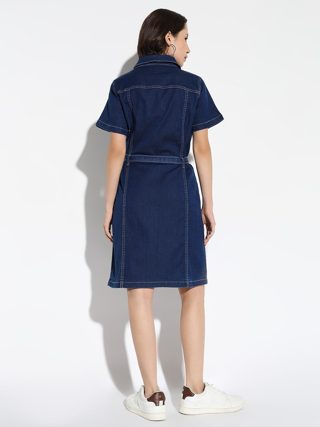 Women Solid Blue Shirt Dress with Belt