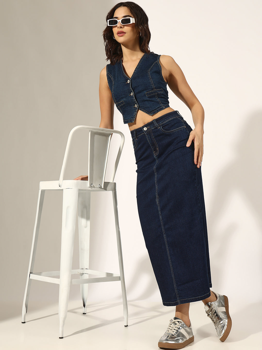 Women's Navy Blue Denim Fitted Crop Vest Top & Maxi Skirt Co-Ord Set