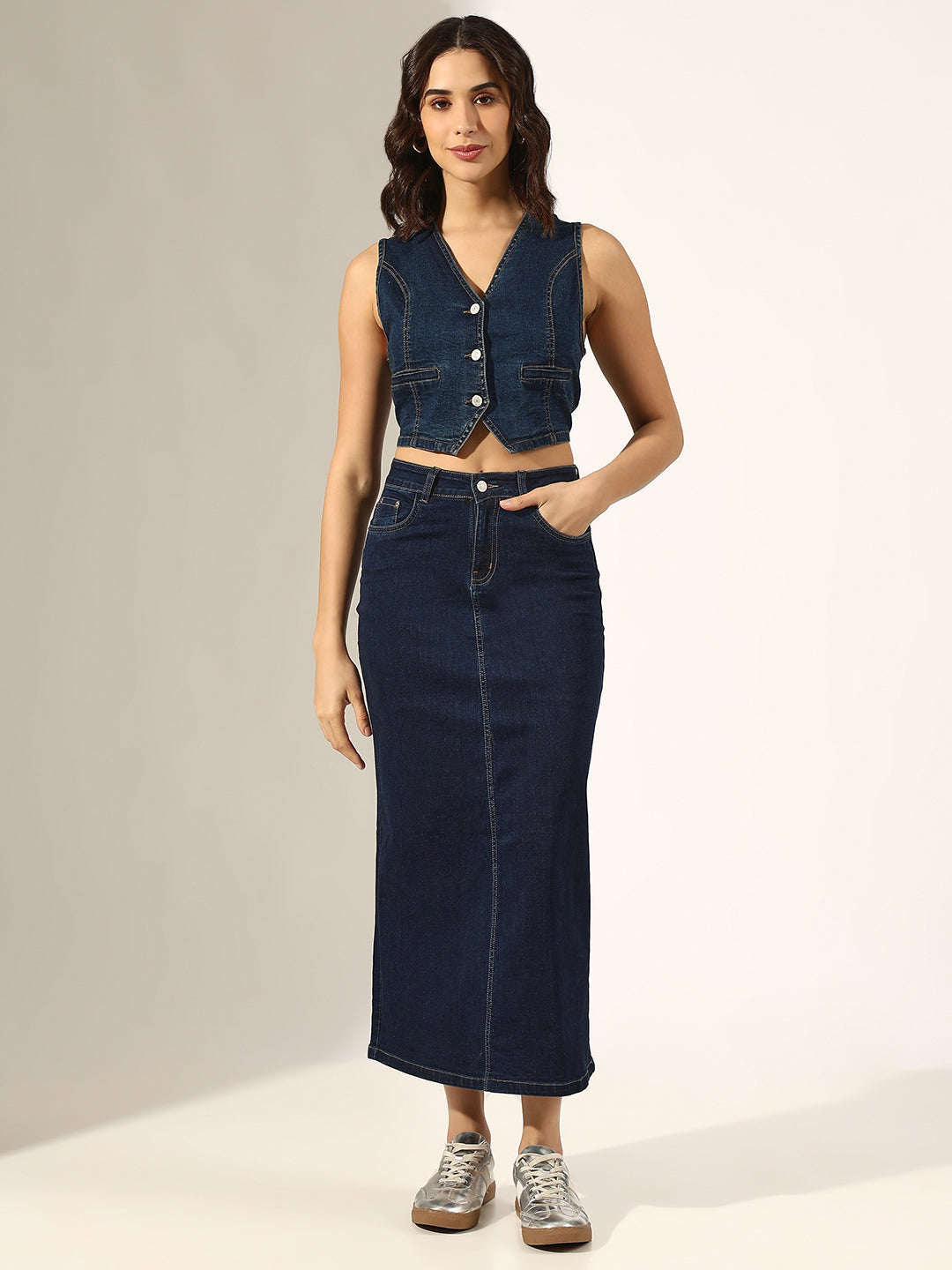 Women's Navy Blue Denim Fitted Crop Vest Top & Maxi Skirt Co-Ord Set