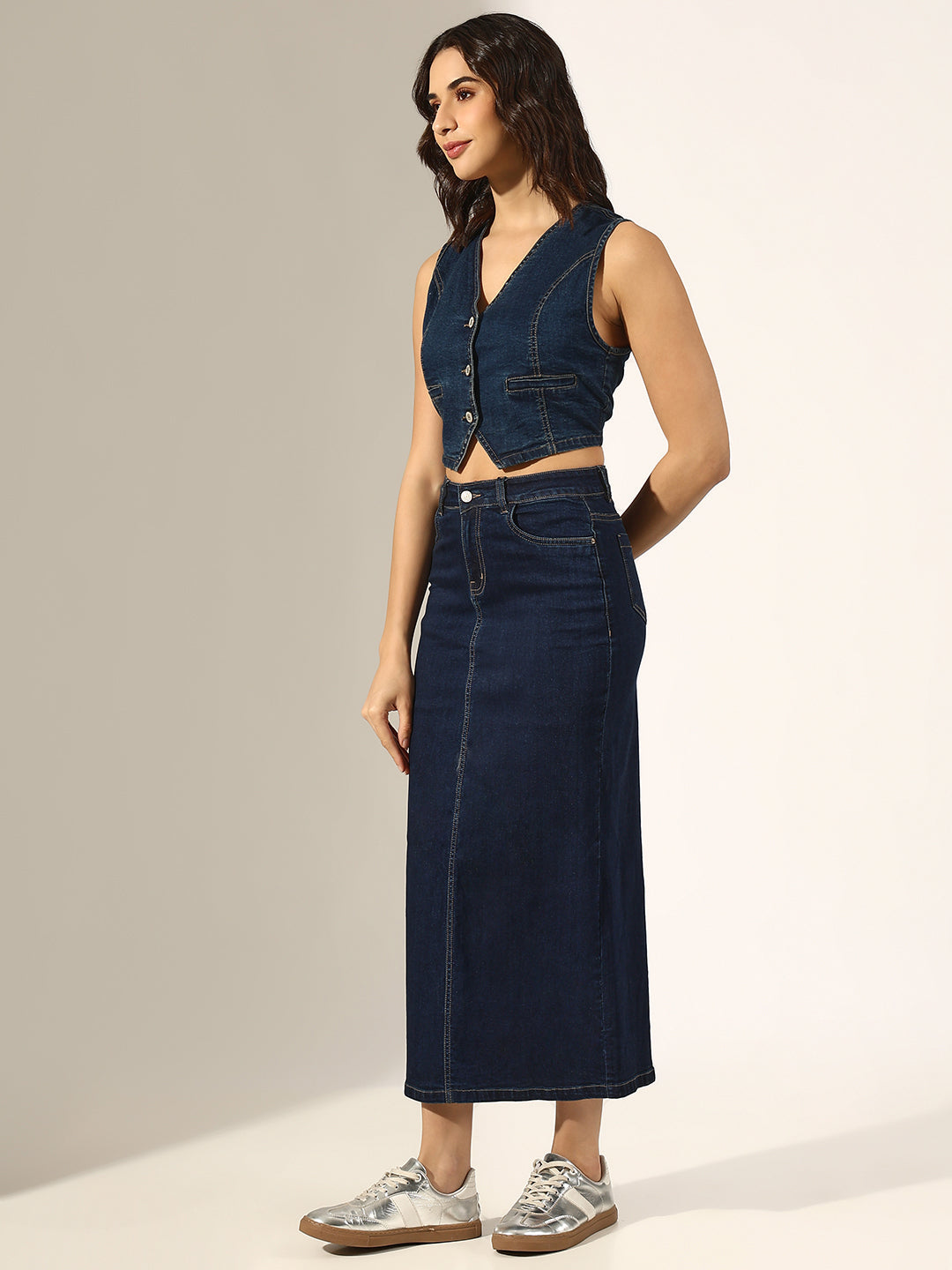 Women's Navy Blue Denim Fitted Crop Vest Top & Maxi Skirt Co-Ord Set