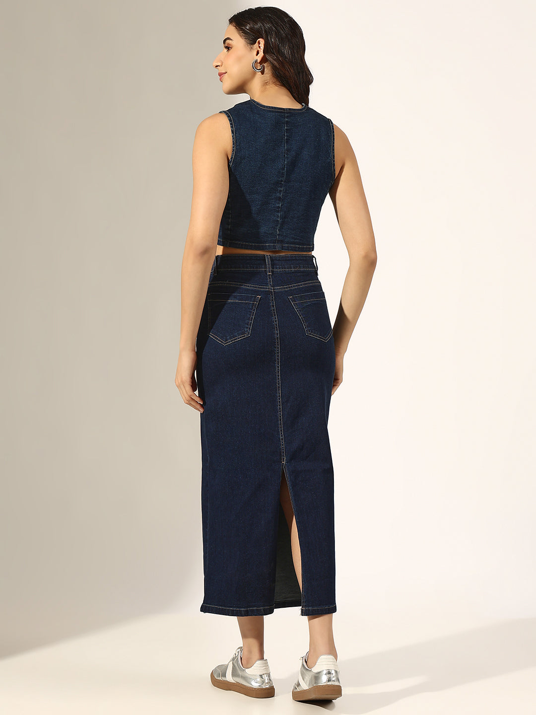 Women's Navy Blue Denim Fitted Crop Vest Top & Maxi Skirt Co-Ord Set