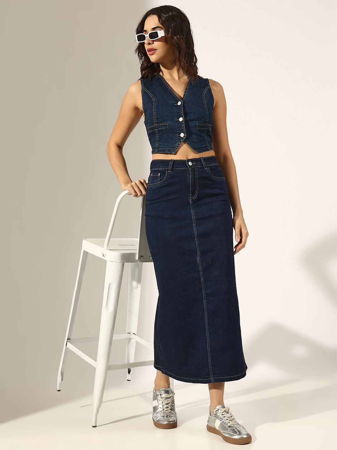 Women's Navy Blue Denim Fitted Crop Vest Top & Maxi Skirt Co-Ord Set