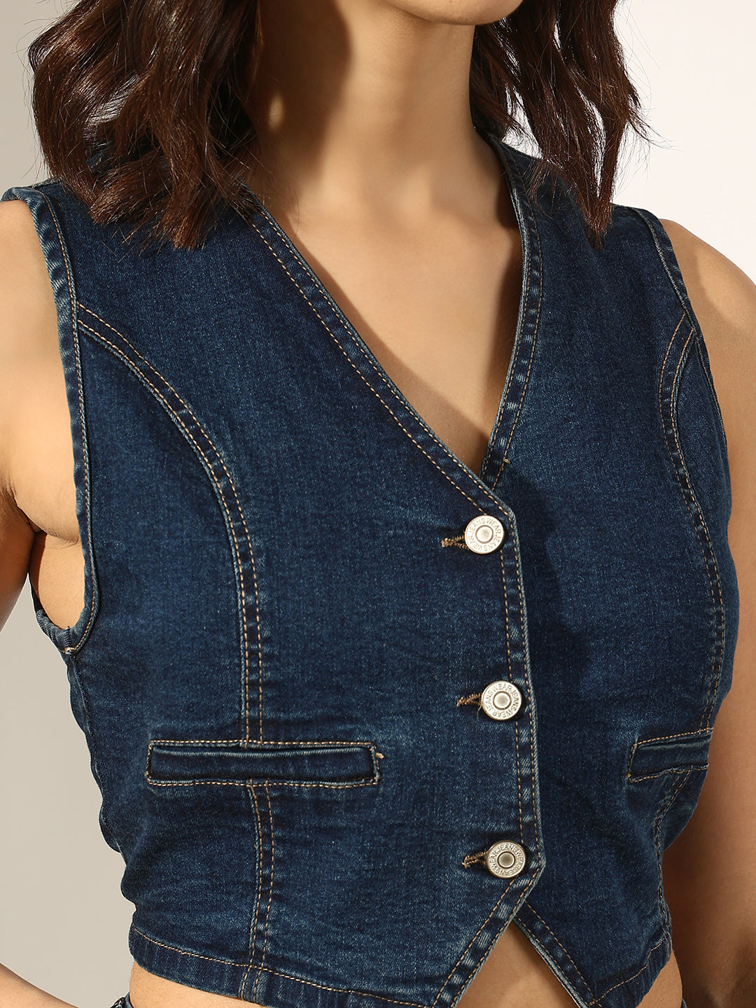 Women's Navy Blue Denim Fitted Crop Vest Top & Maxi Skirt Co-Ord Set