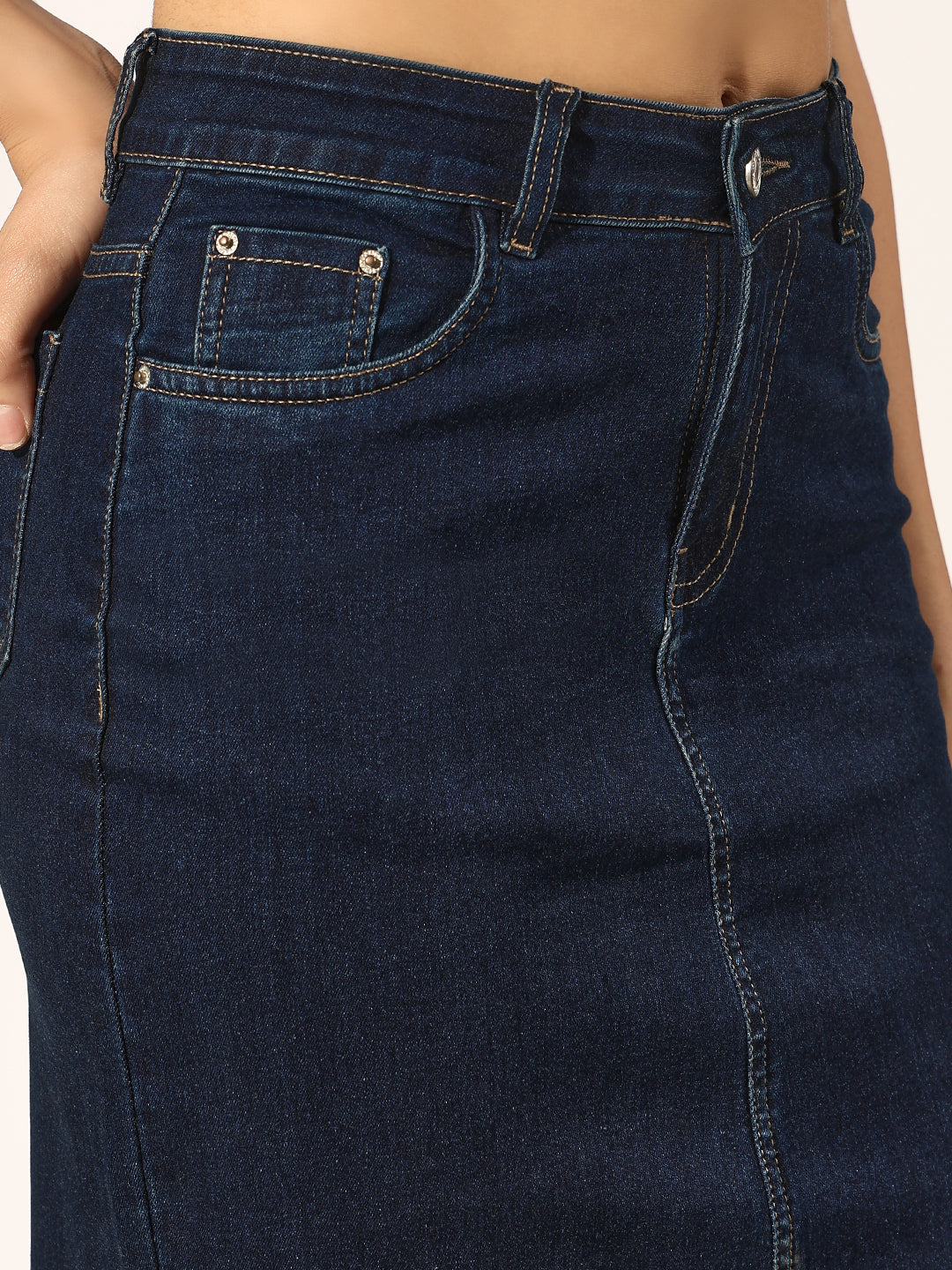 Women's Navy Blue Denim Fitted Crop Vest Top & Maxi Skirt Co-Ord Set