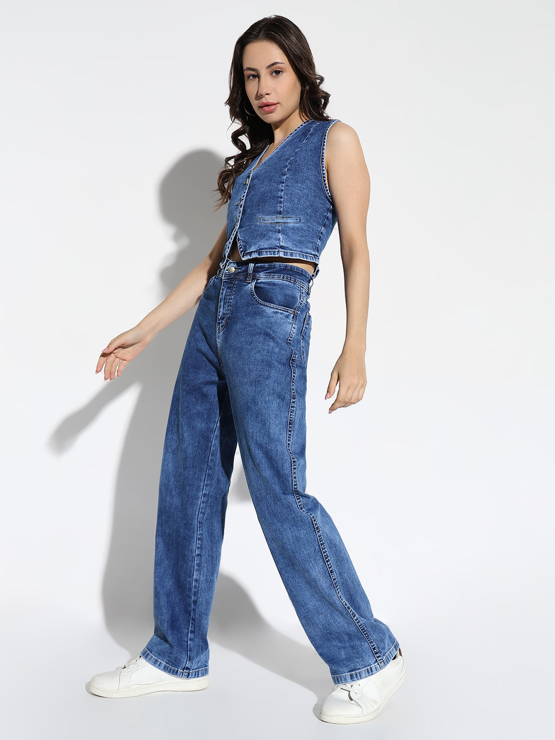 Women Denim Blue Sleeveless Solid Co Ords Set