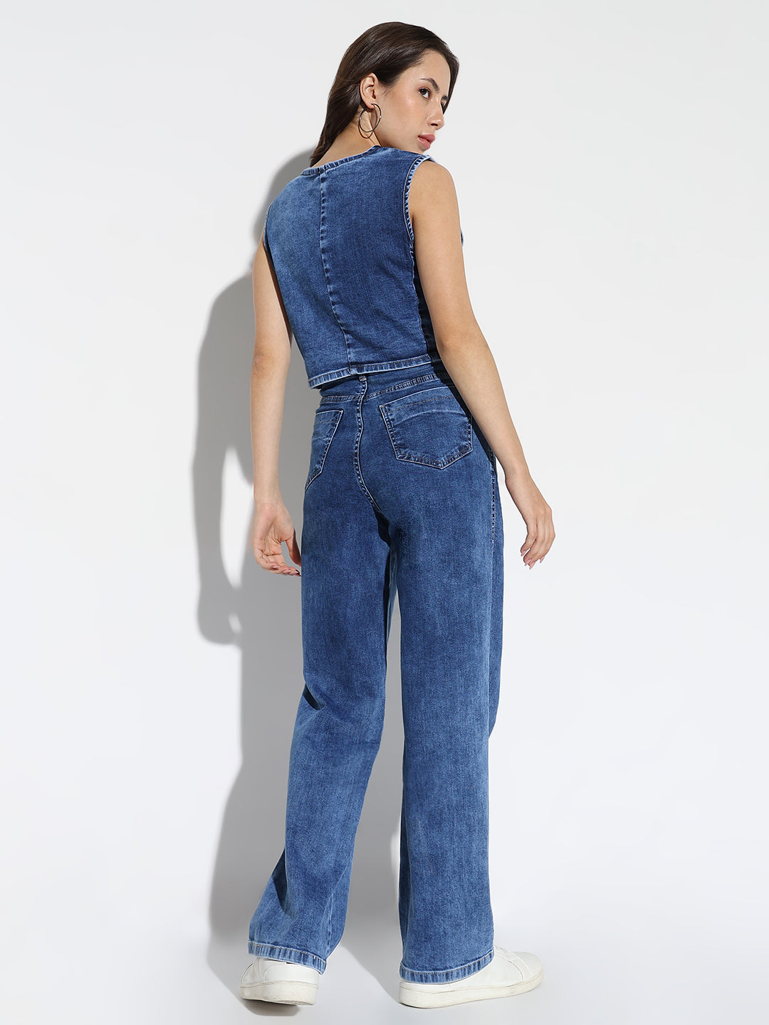 Women Denim Blue Sleeveless Solid Co Ords Set