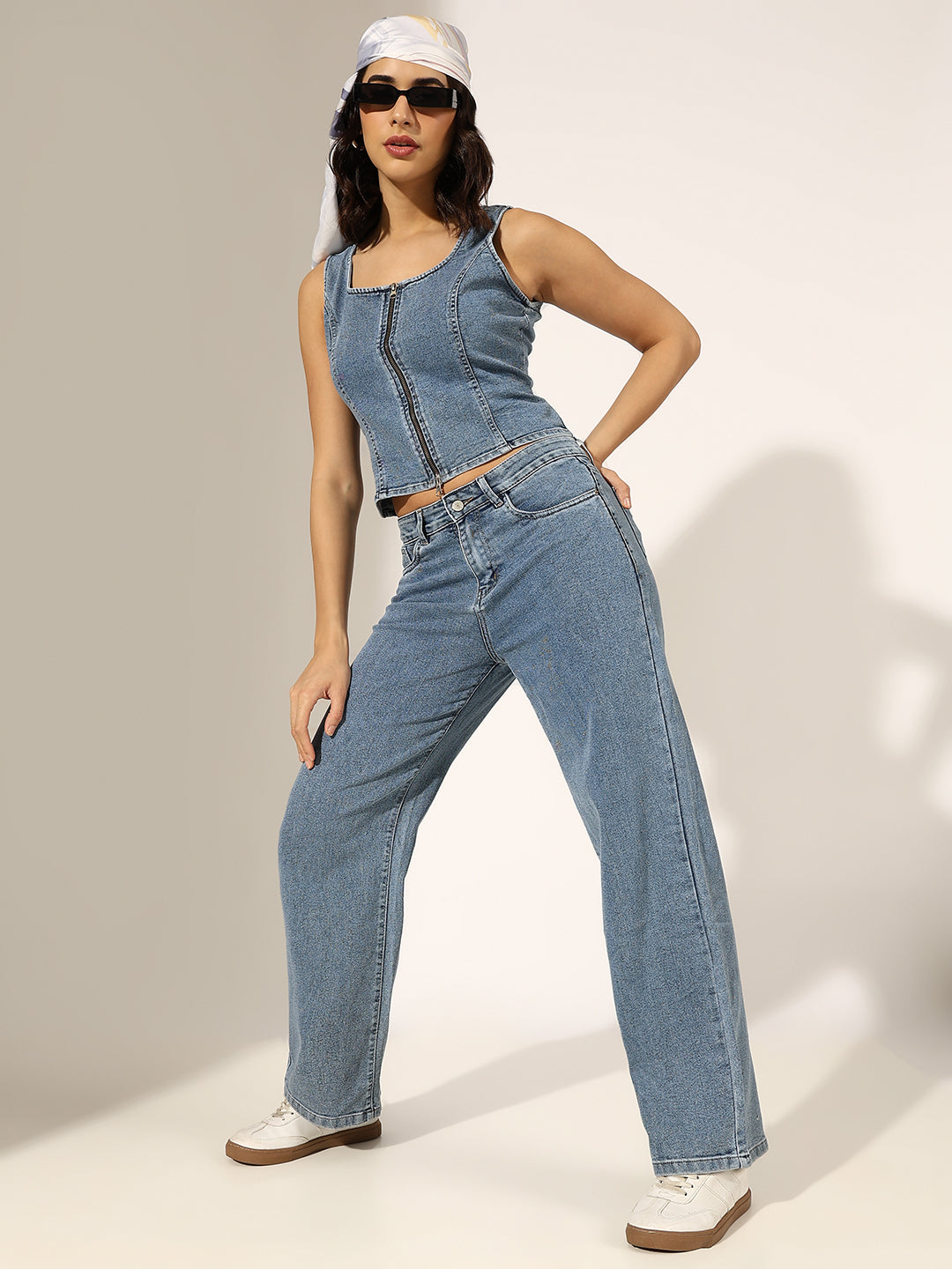 Women's Blue Denim Zip-Front Top & Jeans Co-Ord Set