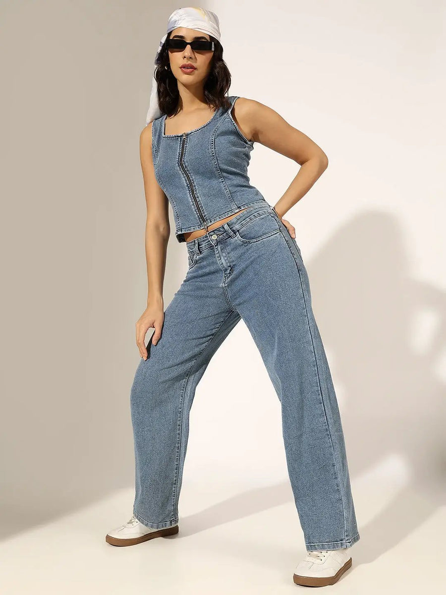 Buy Women's Blue Denim Zip-Front Top & Jeans Co-Ord Set | Showoffff