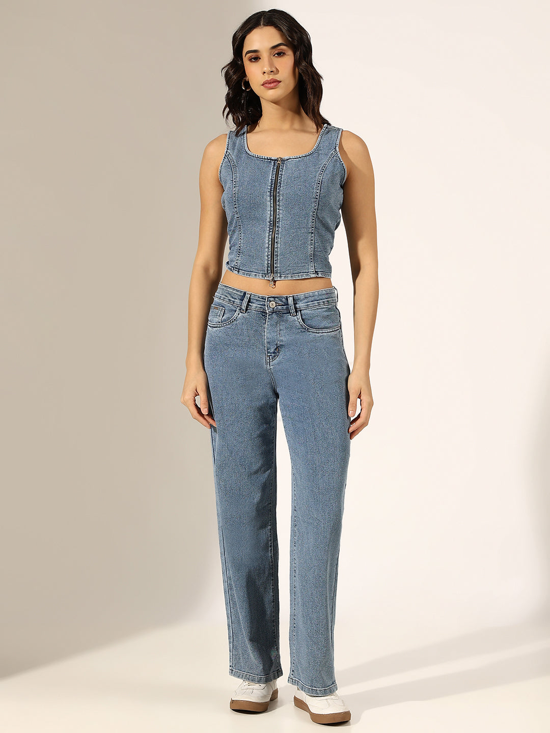 Women's Blue Denim Zip-Front Top & Jeans Co-Ord Set